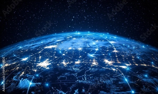 Fototapeta Global media link overlaying a bustling urban cityscape, symbolizing the advanced 5G network connectivity and high-speed internet that power modern business and communication, Generative AI
