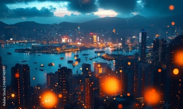 Fototapeta Global media link overlaying a bustling urban cityscape, symbolizing the advanced 5G network connectivity and high-speed internet that power modern business and communication, Generative AI