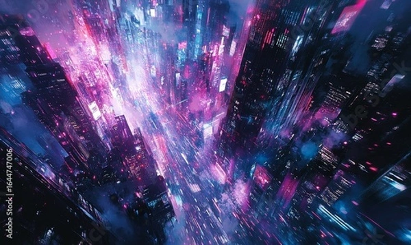 Fototapeta Global media link overlaying a bustling urban cityscape, symbolizing the advanced 5G network connectivity and high-speed internet that power modern business and communication, Generative AI