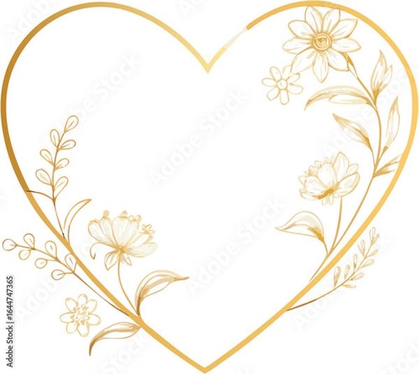 Obraz Minimal elegant gold heart outline vector with delicate floral ornaments, transparent background, perfect for wedding invitations, romantic branding, and Valentine’s designs