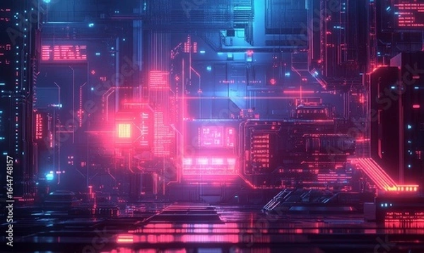 Fototapeta Abstract scene from a smart factory, featuring data-connected machines and seamless interaction of technology and automation in modern manufacturing. The image symbolizes, Generative AI