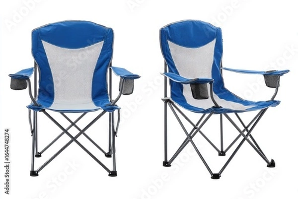 Fototapeta Two identical blue and gray folding camping chairs, isolated on white.  The chairs feature a mesh back and seat, padded armrests with cup holders, and gray metal folding legs
