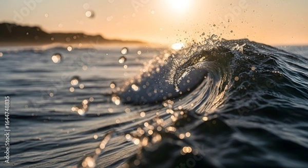 Fototapeta Golden Sunset Wave Detail with Sparkling Water