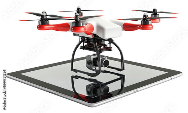Fototapeta Delivery drone with red and white design hovers above tablet, showcasing modern technology and innovation. drone is equipped with camera, highlighting its multifunctional capabilities., isolated
