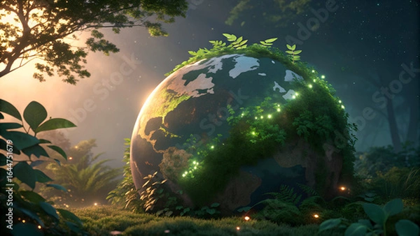 Fototapeta Earth globe enveloped by vibrant greenery under a glowing atmospheric light.