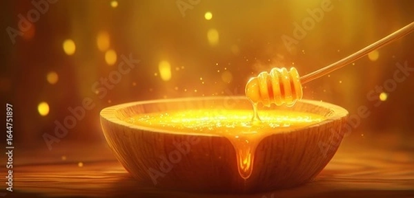 Fototapeta Golden Honey Delight: A Visually Stunning Image of Honey Dripping into a Wooden Bowl