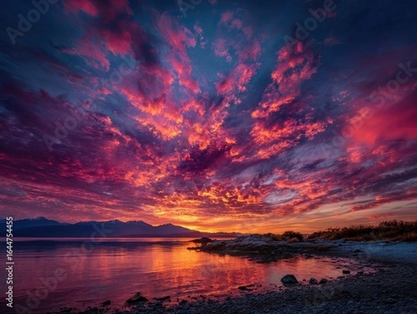 Obraz Dramatic sunset over a serene lake.  A vibrant, fiery sunset paints the sky with streaks of pink, red, and purple.  Clouds are ablaze with color, and the lake reflects the vivid hues. 