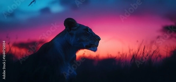 Fototapeta Majestic Lioness at Sunset in African Savanna