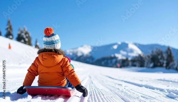 Obraz 雪山のゲレンデでソリを楽しむ子供