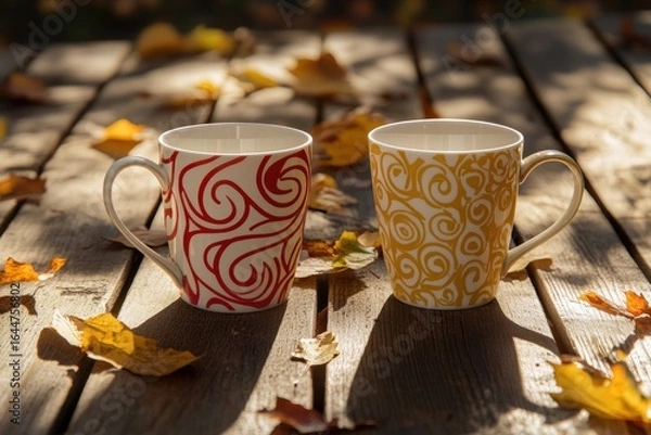 Fototapeta Autumnal Coffee Break: Two mugs with swirling designs rest on a rustic wooden table, surrounded by fallen autumn leaves.  A tranquil scene evoking warmth and cozy feelings.