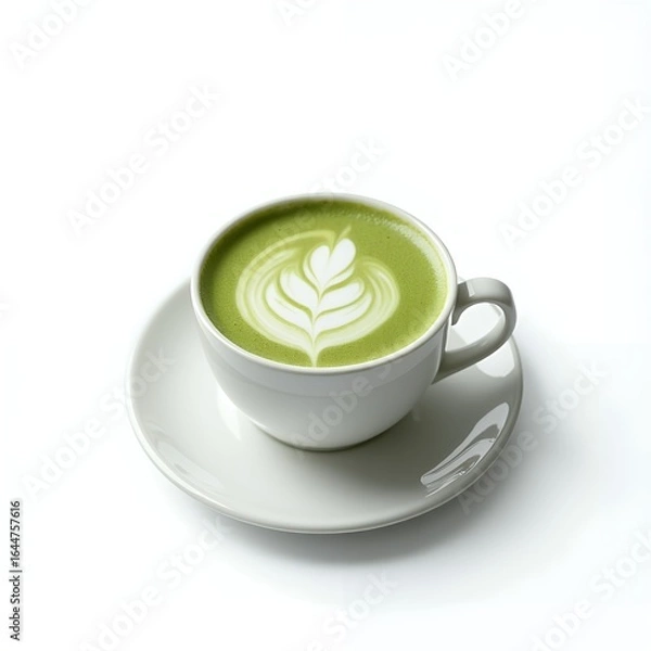 Obraz Creamy Matcha Latte in White Cup Isolated on White