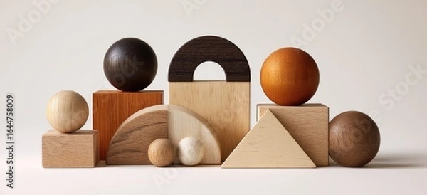 Fototapeta Geometric wooden shapes, various colors and sizes, arranged on a plain background