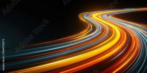 Obraz Abstract light trails curving through a dark space.  Vibrant streaks of orange, yellow, and teal light form a dynamic, flowing path