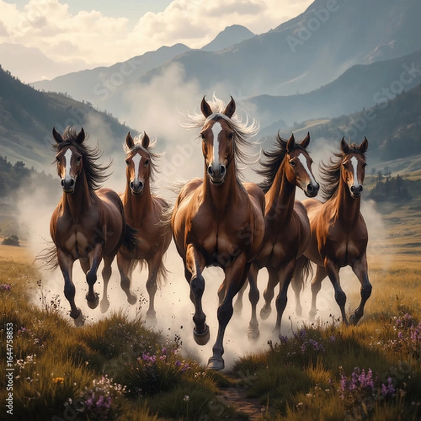 Fototapeta wild mustangs running free through mountain meadow, morning mist swirling around hooves, wildflowers bending in their wake