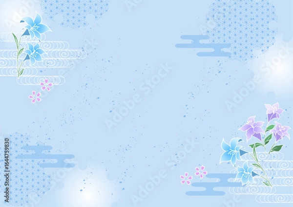 Obraz 和柄 涼しげな百合のベクターフレーム背景 日本の夏 水色 透明 Japanese pattern cool lily vector frame background Japanese summer light blue 
