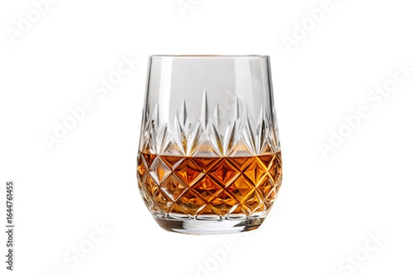 Fototapeta Elegant cut crystal tumbler glass filled with golden amber whiskey featuring intricate geometric diamond patterns, isolated on a transparent background