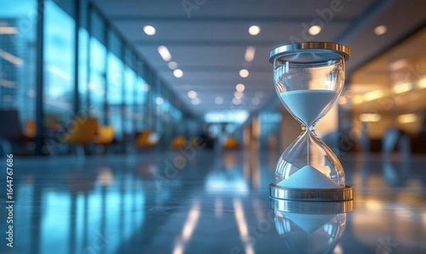 Fototapeta Pressure mounting as a critical business deadline approaches in a bustling corporate environment, with an hourglass and sand clock symbolizing time constraints and the urgency of task, Generative AI