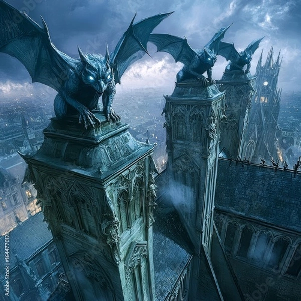 Fototapeta Dreaming Gargoyles Mystical gargoyles perched atop a fantastical cathedral with glowing eyes eerie and majestic