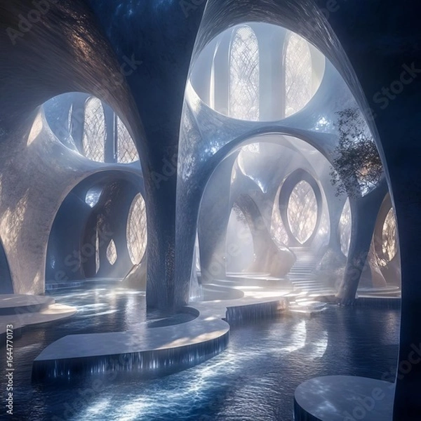 Fototapeta Dreaming Sanctuary A serene sanctuary of surreal architecture bathed in gentle shifting light peaceful and otherworldly