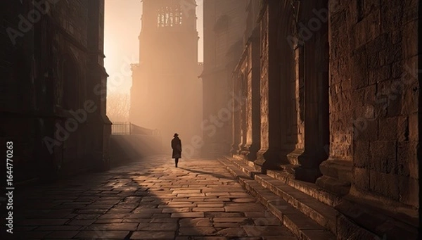 Fototapeta A solitary figure walks a misty, sun-drenched cobblestone lane between ancient stone buildings, towards a distant tower