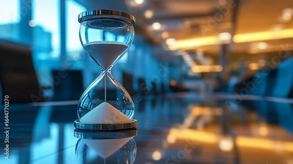 Fototapeta Pressure mounting as a critical business deadline approaches in a bustling corporate environment, with an hourglass and sand clock symbolizing the constant race against time, Generative AI