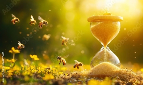 Fototapeta Hourglass with sand trickling down, with bees busily collecting nectar from flowers in the background, representing the interconnectedness of time, nature, and the urgency, Generative AI