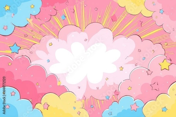 Fototapeta Whimsical cloud-filled background with radiating light and stars