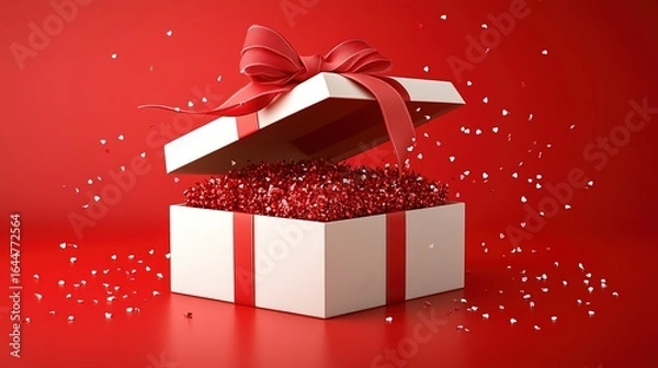 Obraz E-commerce Event Poster: Left Open Gift Box Red Ribbon Decoration, White Square Empty, Solid Background High Detail Top View, Modern Minimalist