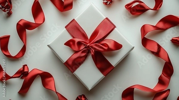 Obraz Red White Minimalist E-commerce Banner: Left Open Gift Box Red Ribbon Decoration, White Square Space, Solid Background HD Top View Commercial Application