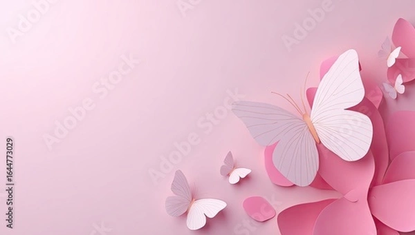 Fototapeta Pastel pink background with delicate paper butterflies and petals
