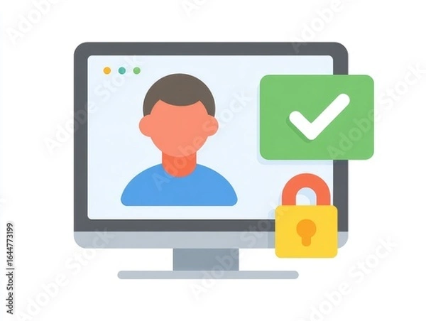 Fototapeta Computer screen with user profile, checkmark, and padlock