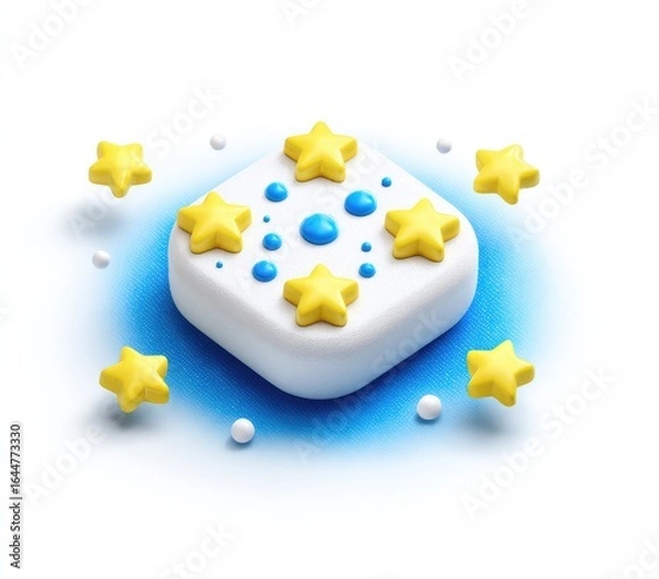 Fototapeta 3D square icon, white base, yellow stars, blue drops,  floating