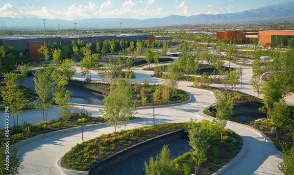 Fototapeta Aerial view of a modern green infrastructure development showcasing eco-friendly roads, emphasizing the importance of sustainable and nature-friendly transportation systems, Generative AI