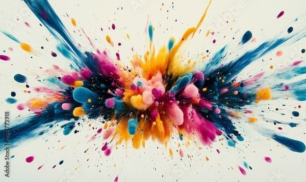 Fototapeta Vibrant CMYK explosion with dynamic splatters of cyan, magenta, yellow, and black toner against a white background, symbolizing creativity, innovation, and the printing process, Generative AI