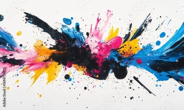 Fototapeta Vibrant CMYK explosion with dynamic splatters of cyan, magenta, yellow, and black toner against a white background, symbolizing creativity, innovation, and the printing process, Generative AI