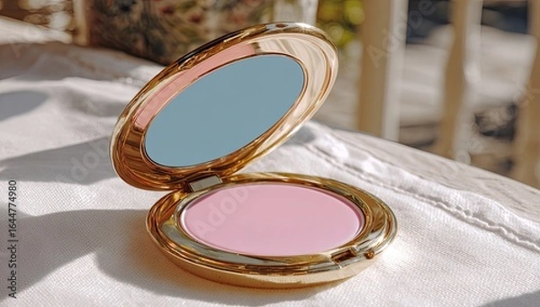 Fototapeta Gold compact with pastel pink blush and pale blue mirror, open on a white surface in sunlight