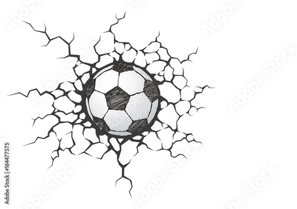 Fototapeta Soccer ball smash the white wall with cracks hole. Texture design of a white background. Sport Football vector for tournament.