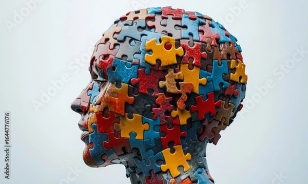 Fototapeta Conceptual image depicting a human head in profile view, integrated with jigsaw puzzle pieces, symbolizing cognitive psychology, mental health, problem-solving, and the complexity, Generative AI