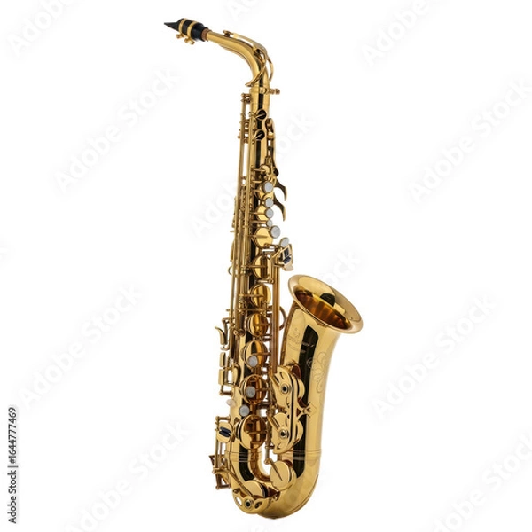 Fototapeta A beautiful golden saxophone, a classic brass wind instrument, perfect for music themes, jazz, and classical compositions.