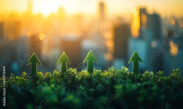 Fototapeta Green upward-pointing arrows symbolizing positive growth, set against a blurred urban cityscape backdrop, representing sustainable urban development, green infrastructure, Generative AI
