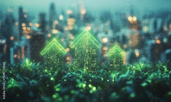 Fototapeta Green upward-pointing arrows symbolizing positive growth, set against a blurred urban cityscape backdrop, representing sustainable urban development, green infrastructure, Generative AI
