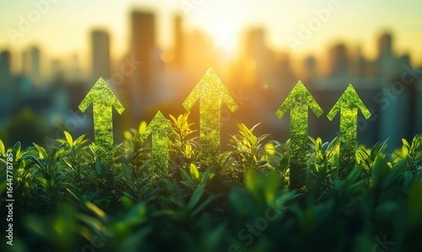 Fototapeta Green upward-pointing arrows symbolizing positive growth, set against a blurred urban cityscape backdrop, representing sustainable urban development, green infrastructure, Generative AI