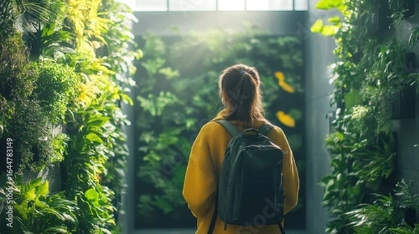 Fototapeta Modern sustainable university interior, featuring biophilic design with green walls and plants, reflecting eco-friendly education and campus life, Generative AI