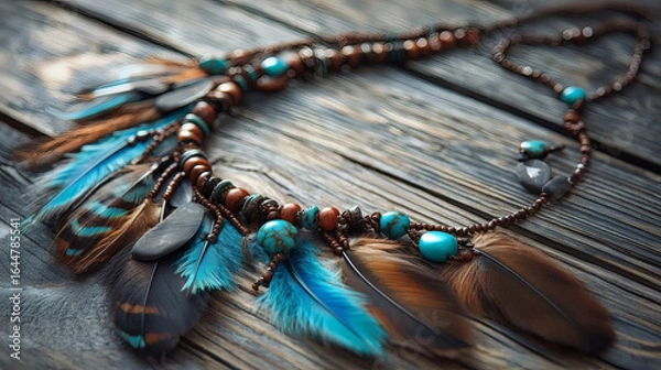 Obraz Close-up of a handcrafted necklace with turquoise beads and feathers.