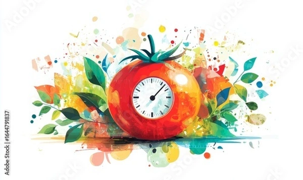 Fototapeta Pomodoro Technique concept, featuring a vibrant red tomato-shaped kitchen timer surrounded by colorful, abstract illustrations symbolizing time management, productivity, Generative AI