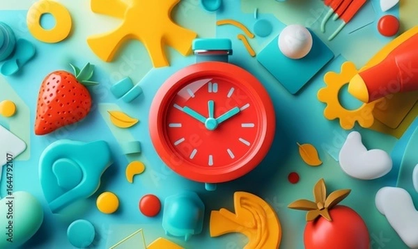 Fototapeta Pomodoro Technique concept, featuring a vibrant red tomato-shaped kitchen timer surrounded by colorful, abstract illustrations symbolizing time management, productivity, Generative AI