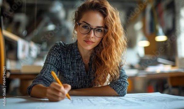 Fototapeta Professional female architect at work, drawing building designs and preparing construction documents, exemplifying strong leadership and talent in male-dominated field, Generative AI