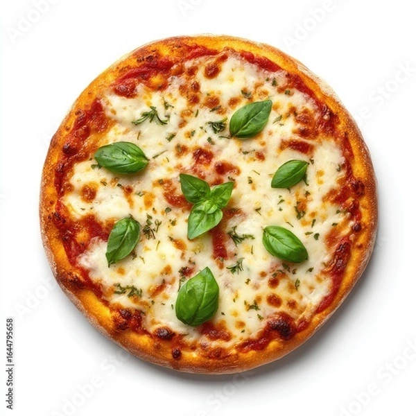 Fototapeta Round pizza, topped with mozzarella cheese, tomato sauce, and fresh basil