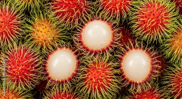 Fototapeta Vibrant Rambutan Display: A Tropical Delight of Sweet and Tangy Flavors , Fresh Rambutans: A Close-Up View of Nature's Exotic and Delicious Offering