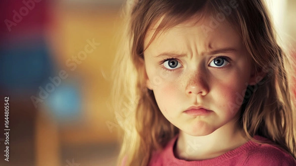 Fototapeta Close-up portrait of a young girl with a serious expression.
